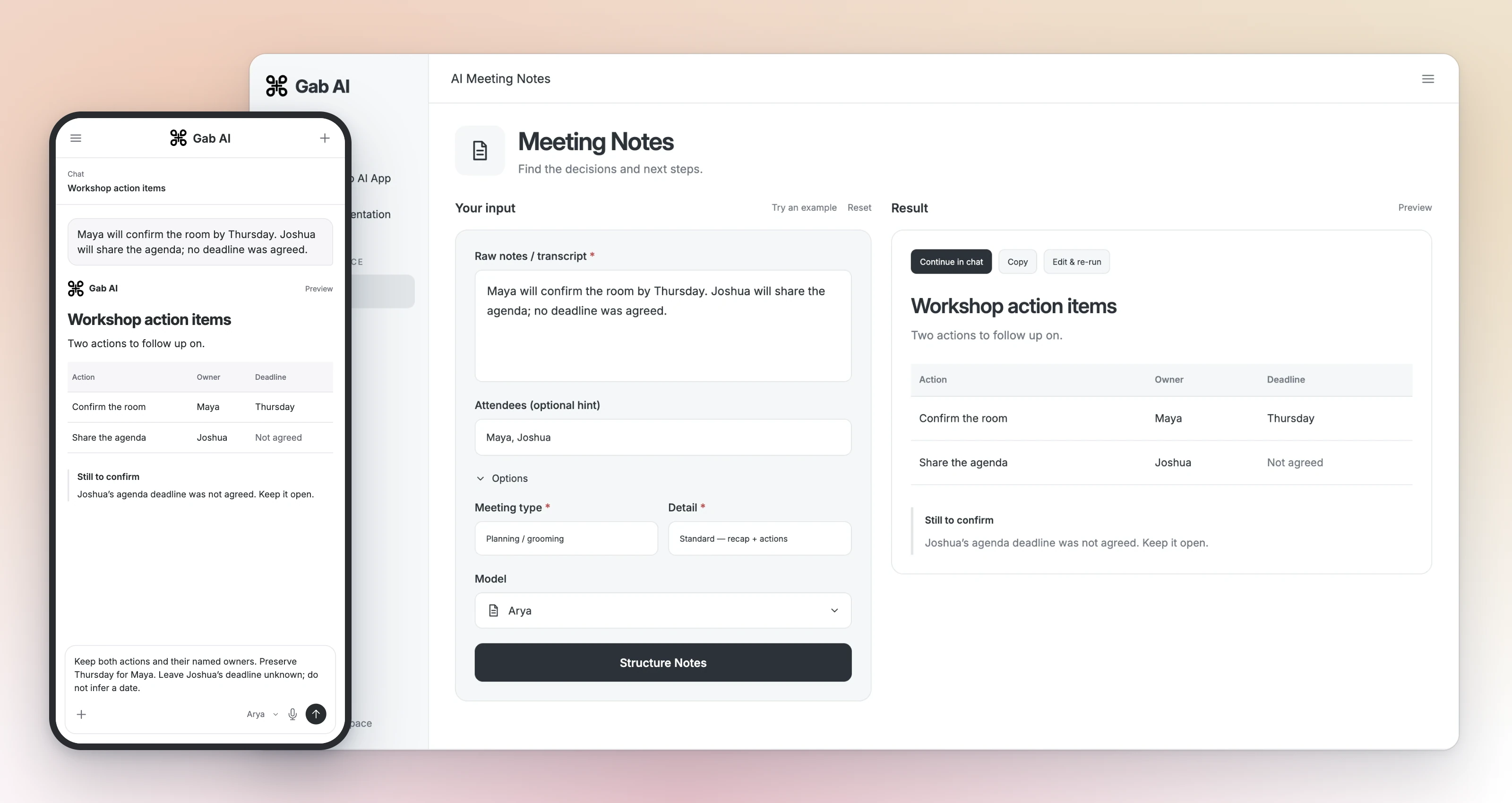 Meeting Notes on desktop shows the supplied notes and the action table, beside a phone Chat preserving Maya’s Thursday deadline and Joshua’s unknown agenda deadline.