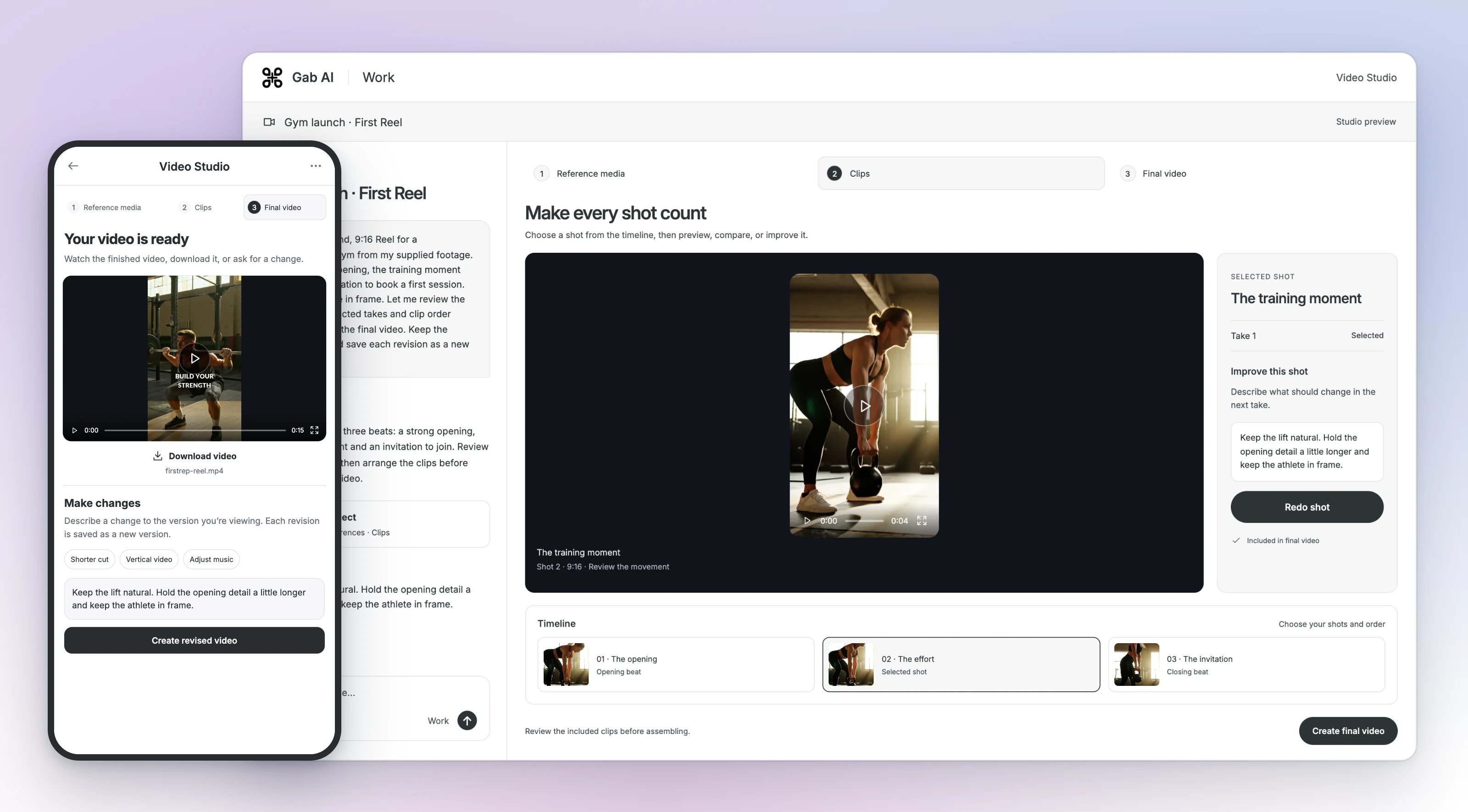 Gab AI Work Video Studio shows its desktop shot preview and timeline, beside the finished First Rep Reel in the phone layout.