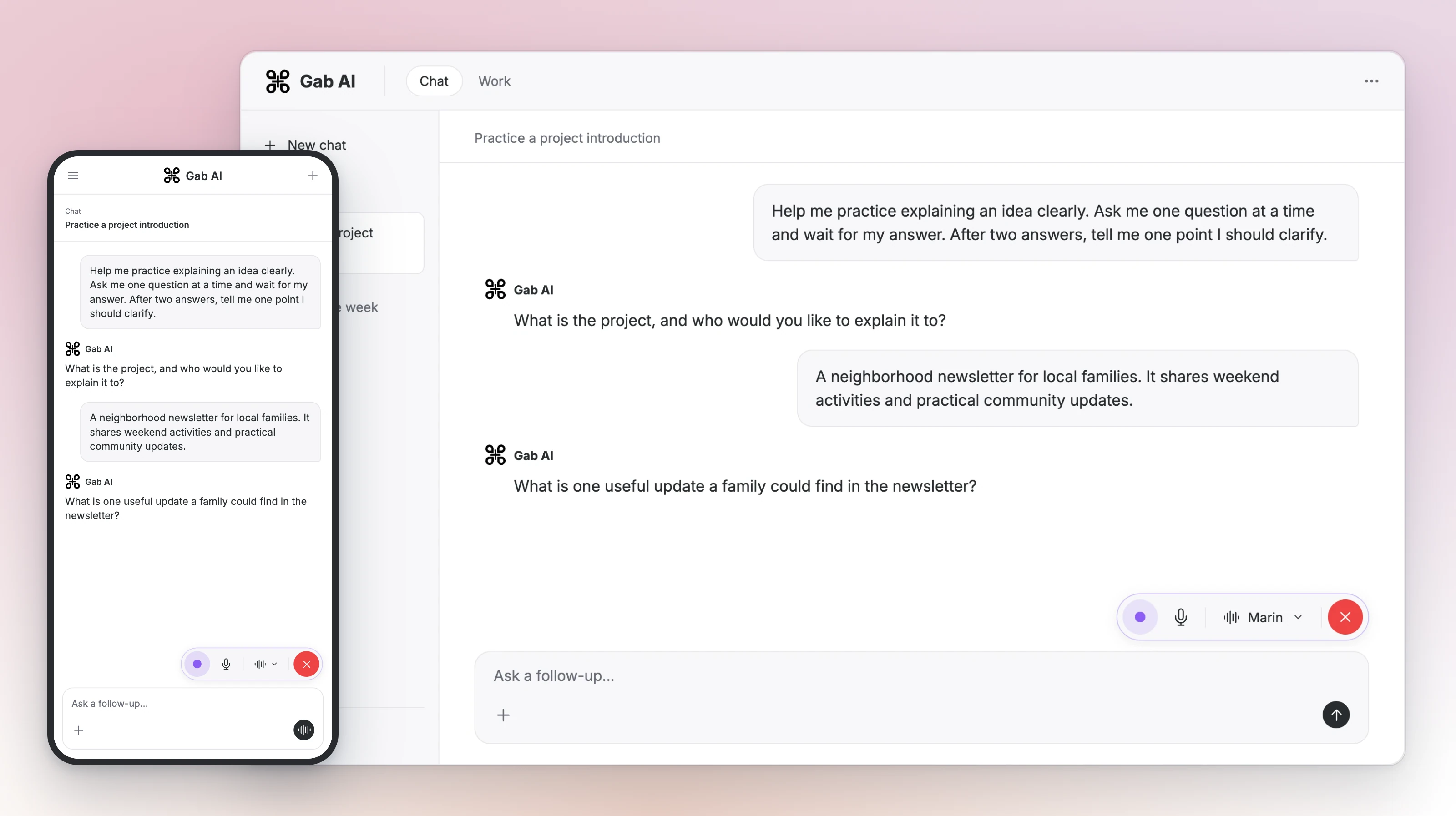 The same project-introduction conversation in desktop and phone Voice layouts, with compact call controls.
