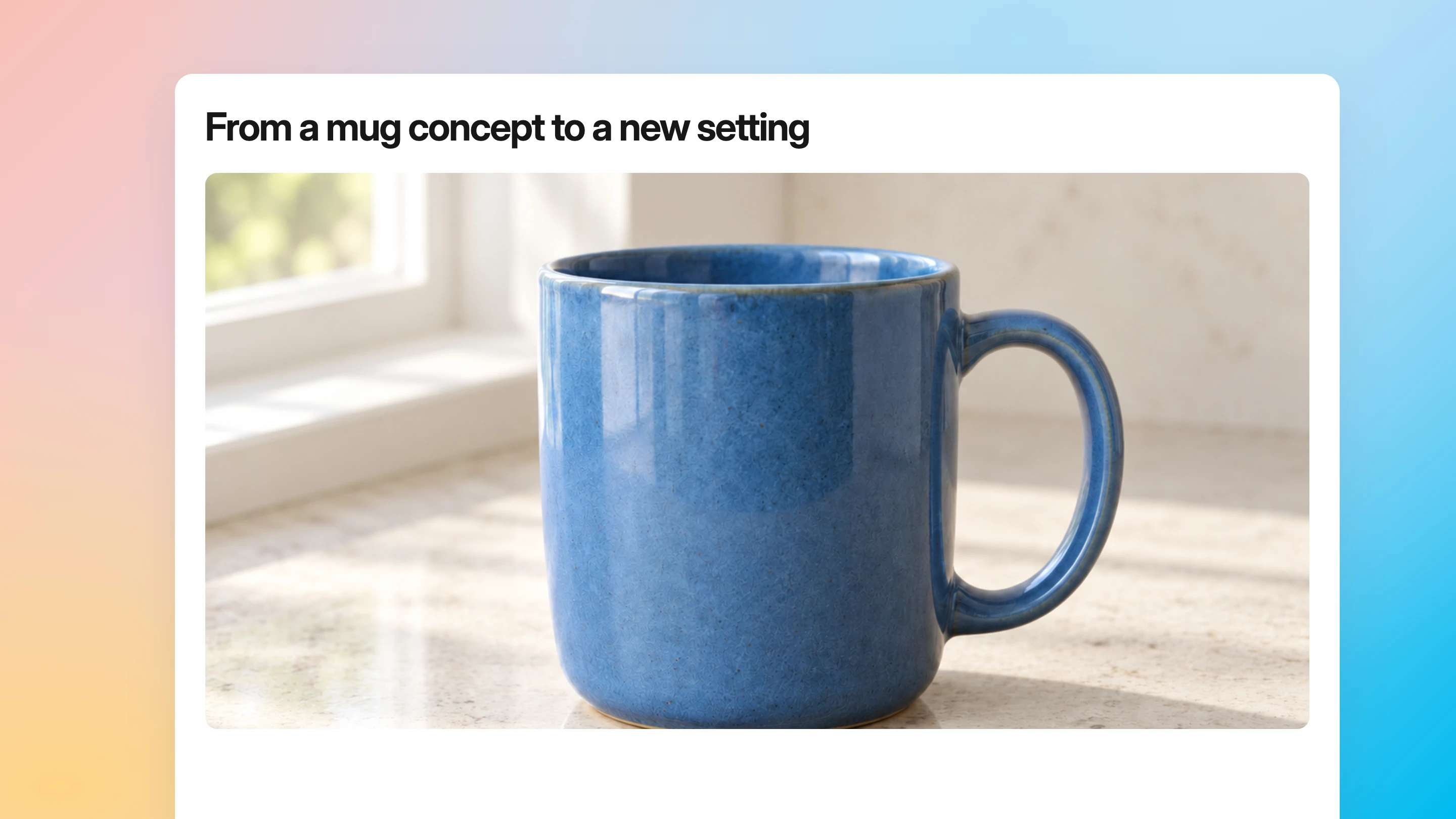 The blue mug moves from a pale wooden table to a light stone counter beside a window. The phone Image Editor shows the source, instruction and original/result comparison.