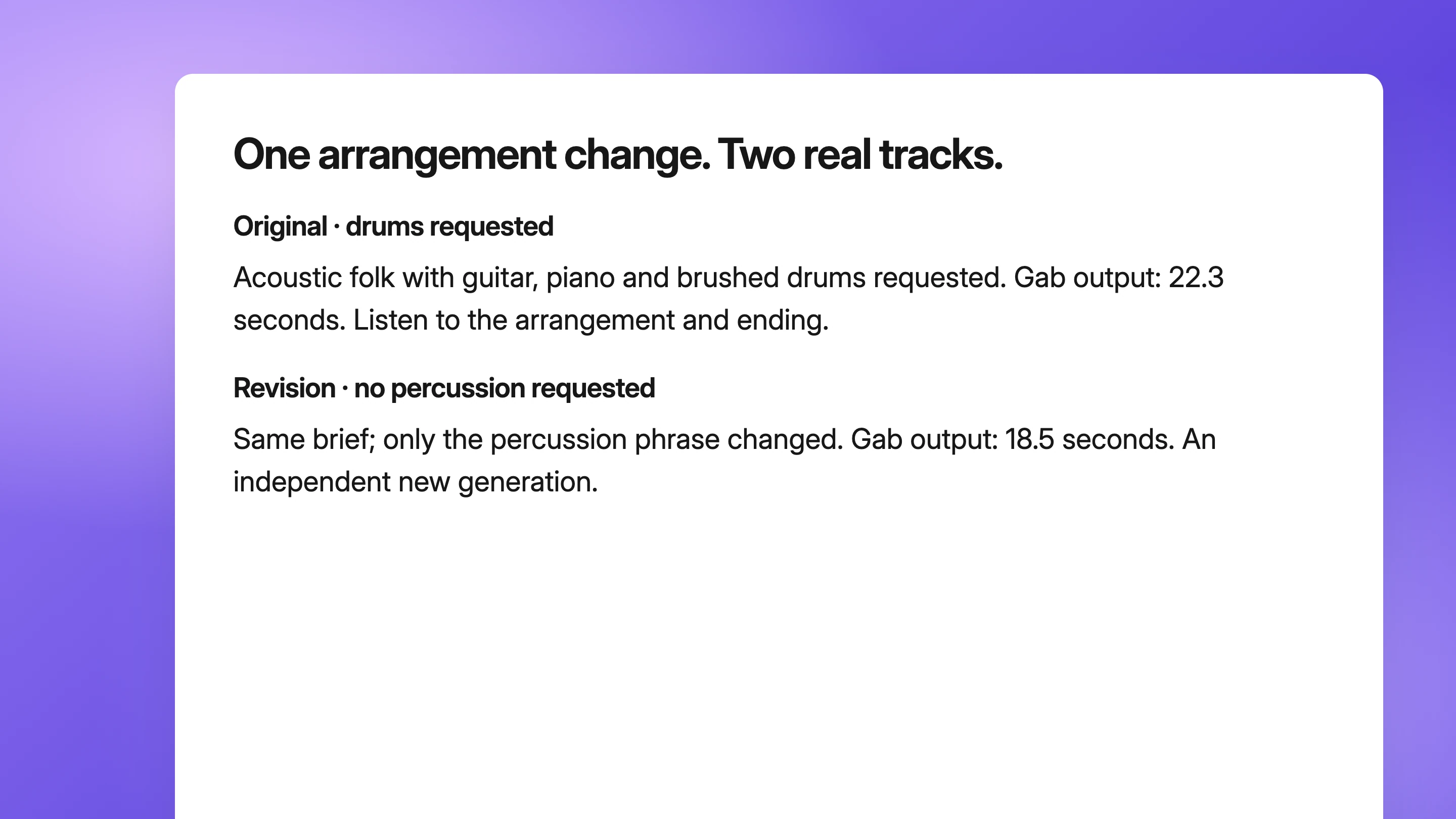The two existing acoustic-folk samples: drums requested and no percussion requested, with their recorded durations.