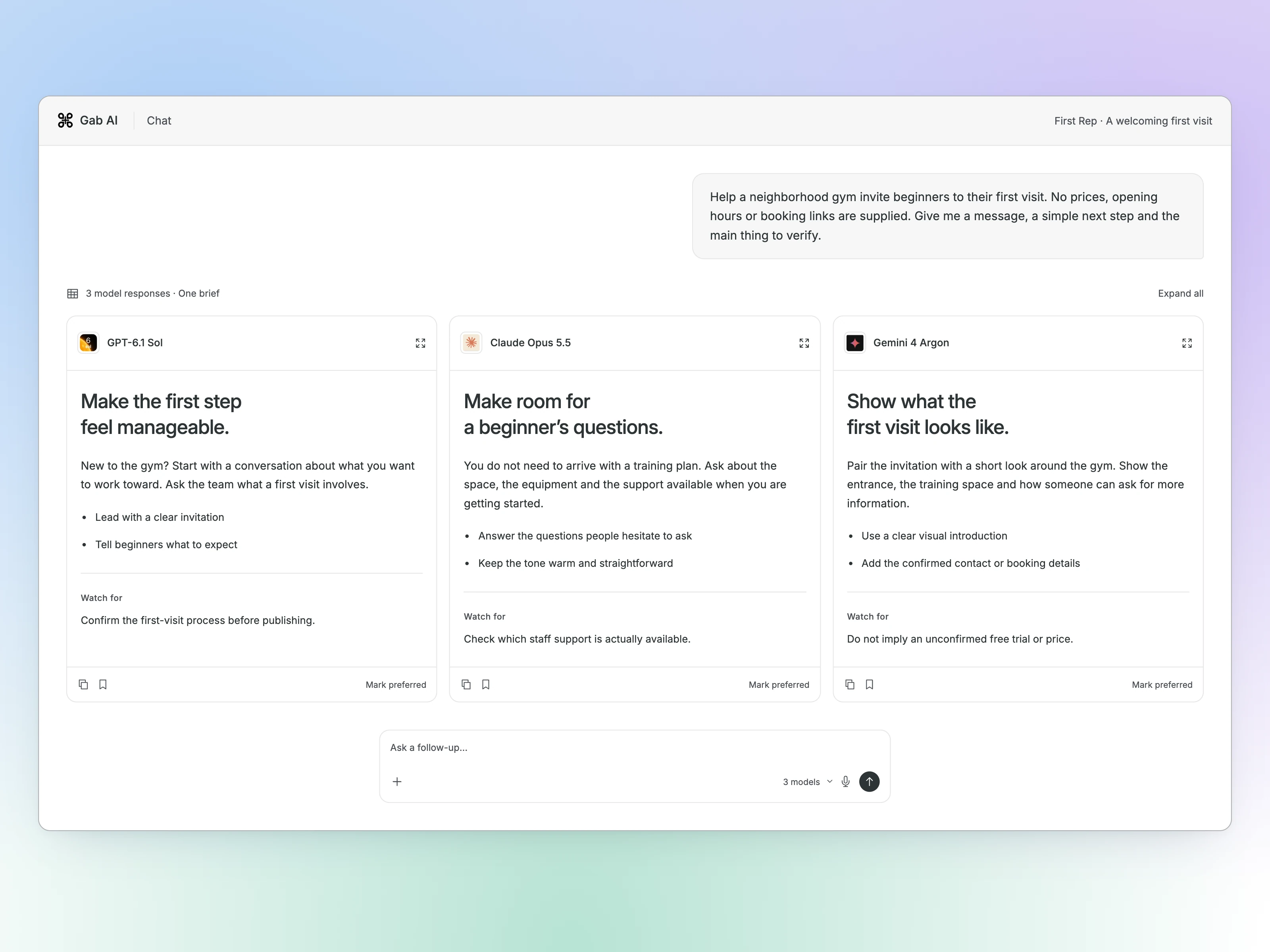Gab AI Compare interface showing one beginner-gym invitation brief and three possible approaches.