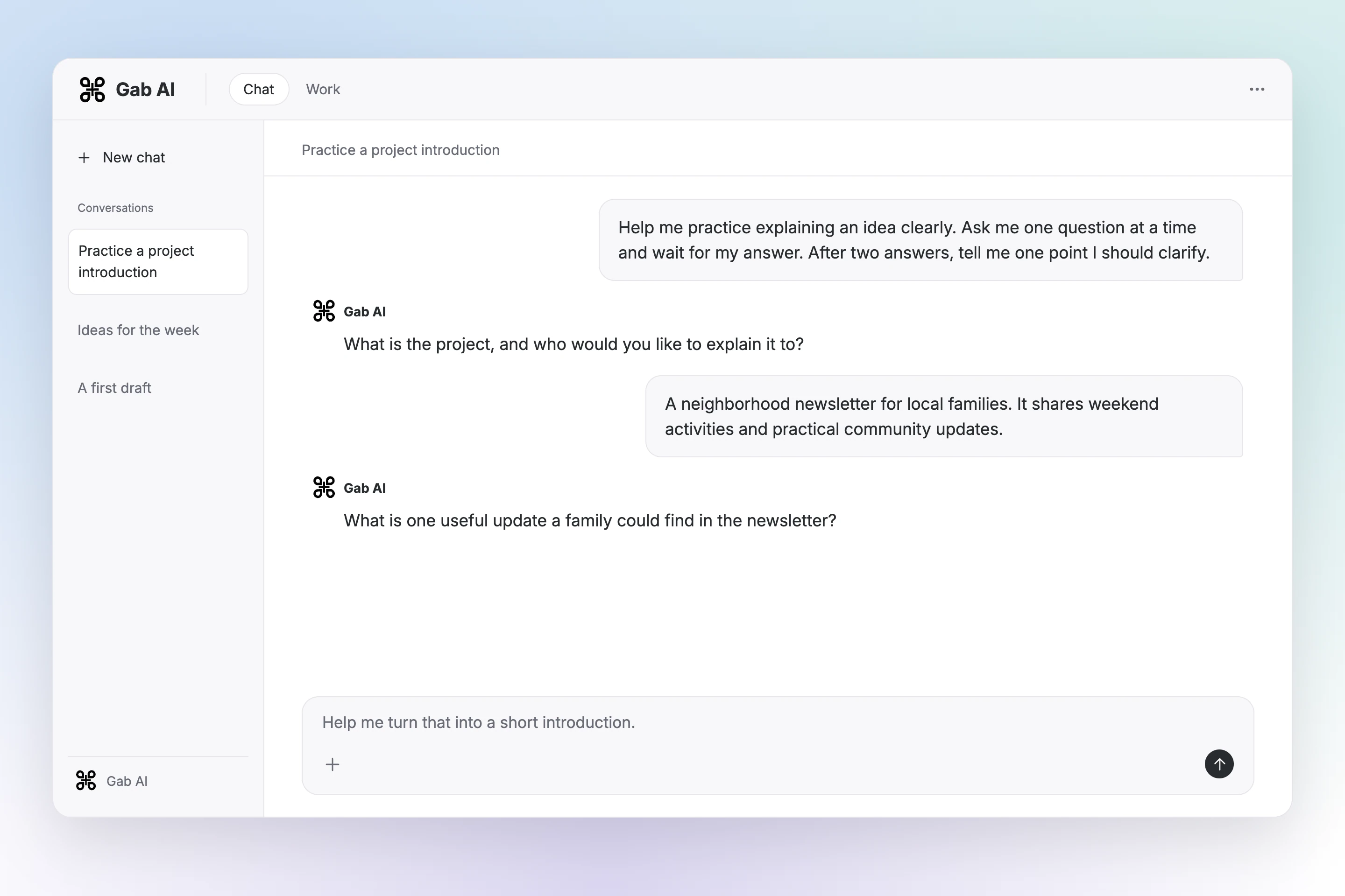 Gab AI Chat showing the saved project-introduction conversation and a text follow-up.