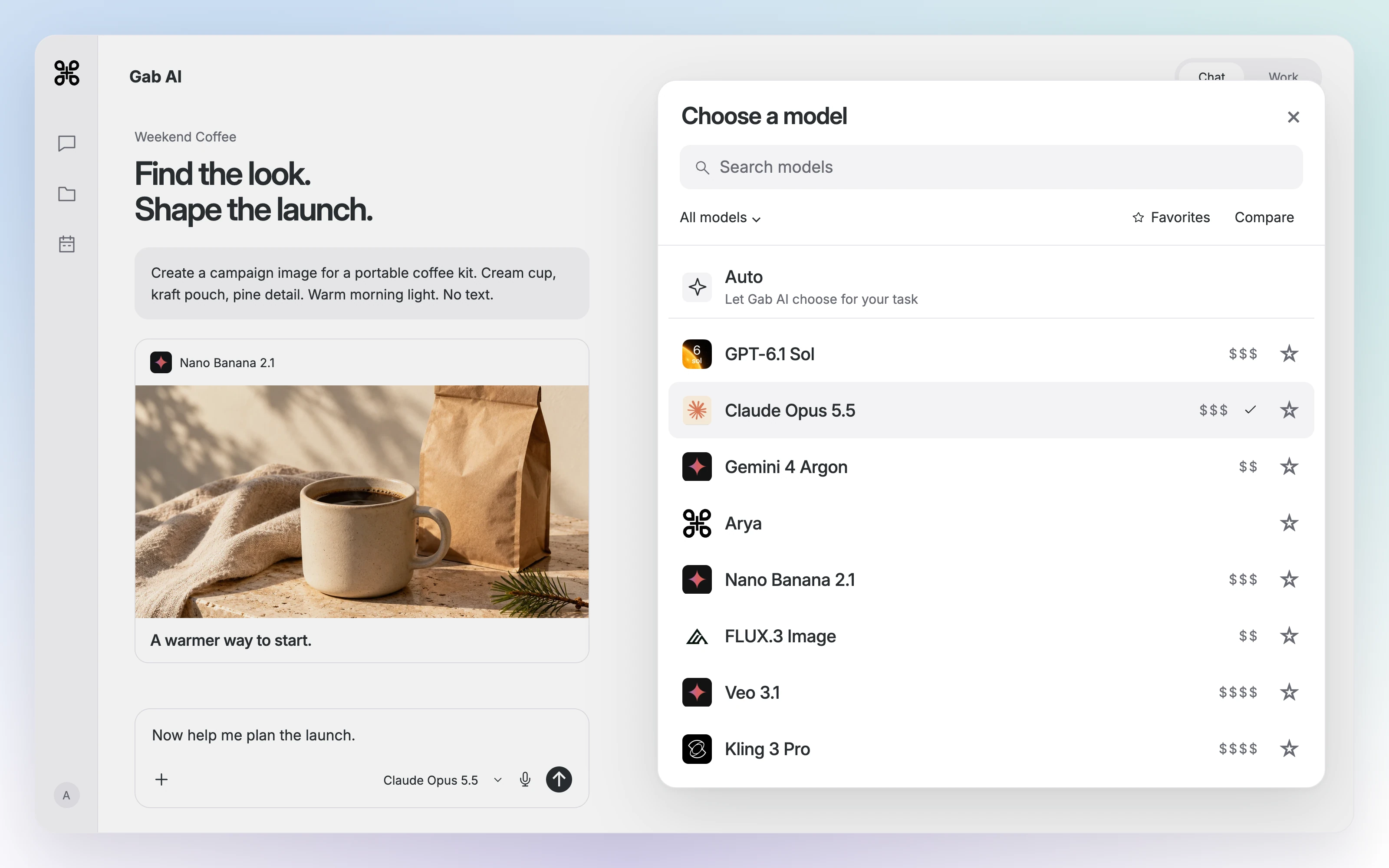Gab AI model picker with search, Auto, All models, Favorites and Compare controls, plus text, image and video model choices. Claude Opus 5.5 is selected.
