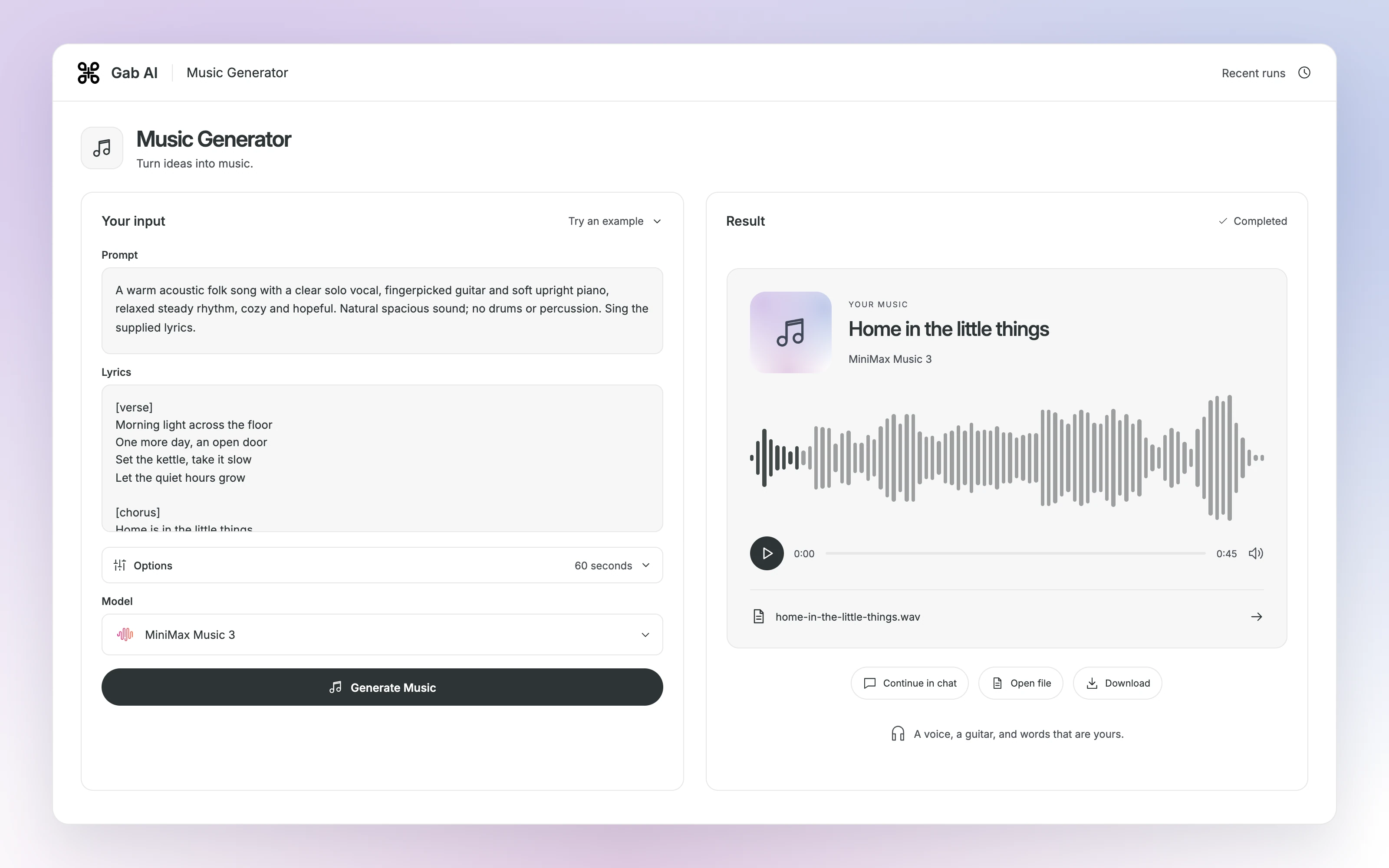 Gab AI Music Generator with separate Prompt and Lyrics fields, model and options, and a completed audio result.