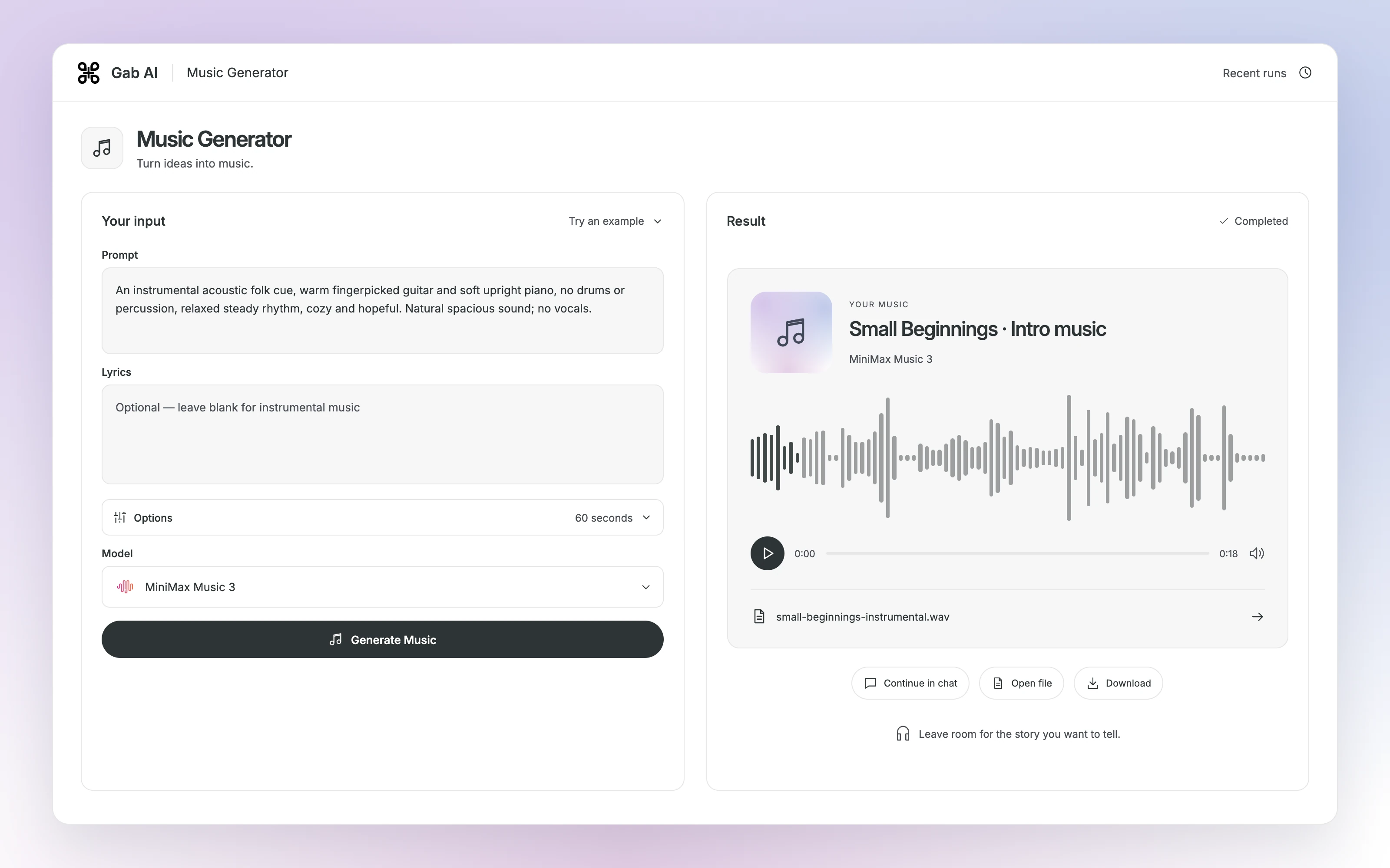 Gab AI Music Generator with separate Prompt and Lyrics fields, model and options, and a completed audio result.