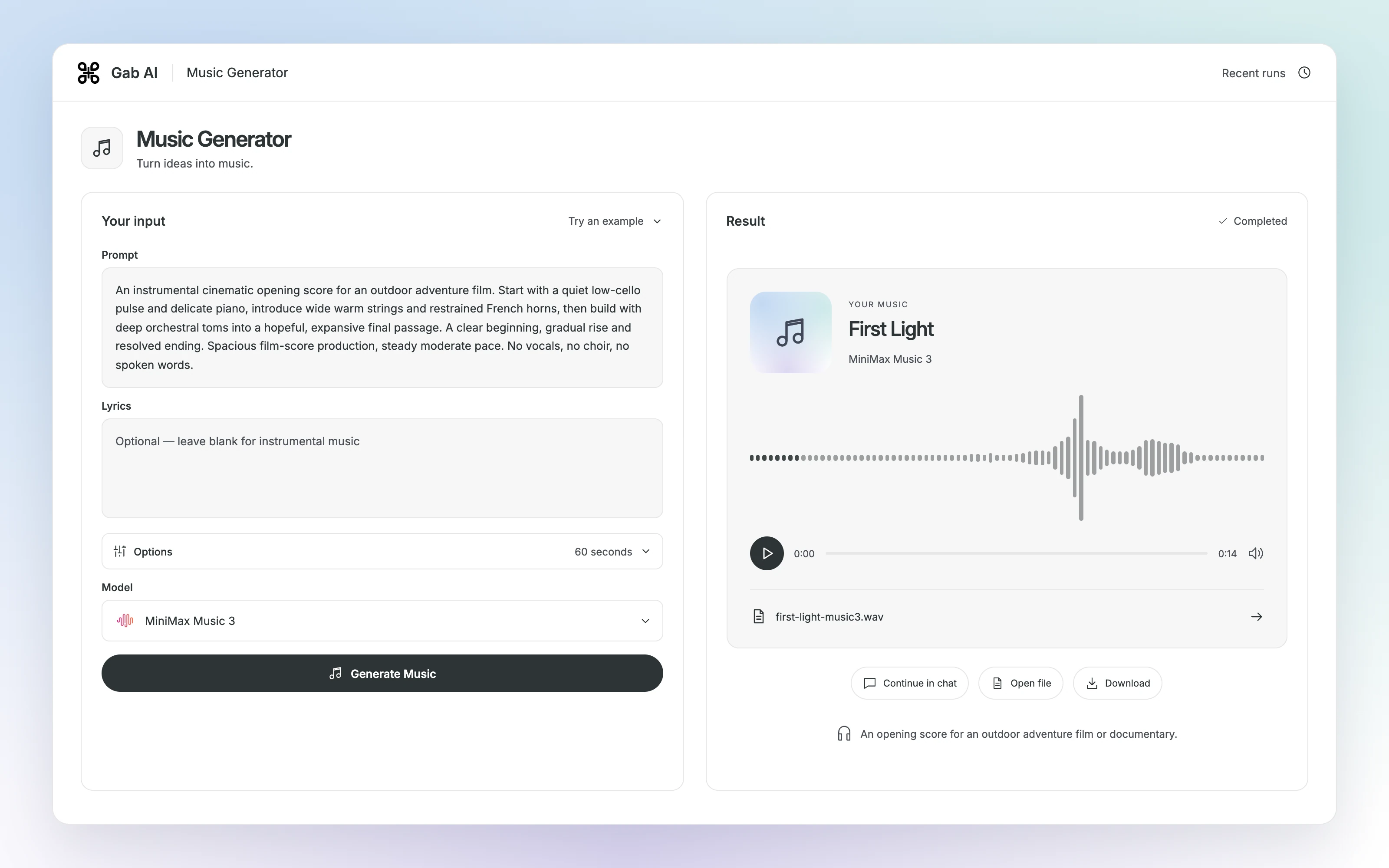 Gab AI Music Generator with the cinematic sound brief, a completed MiniMax Music 3 audio result.