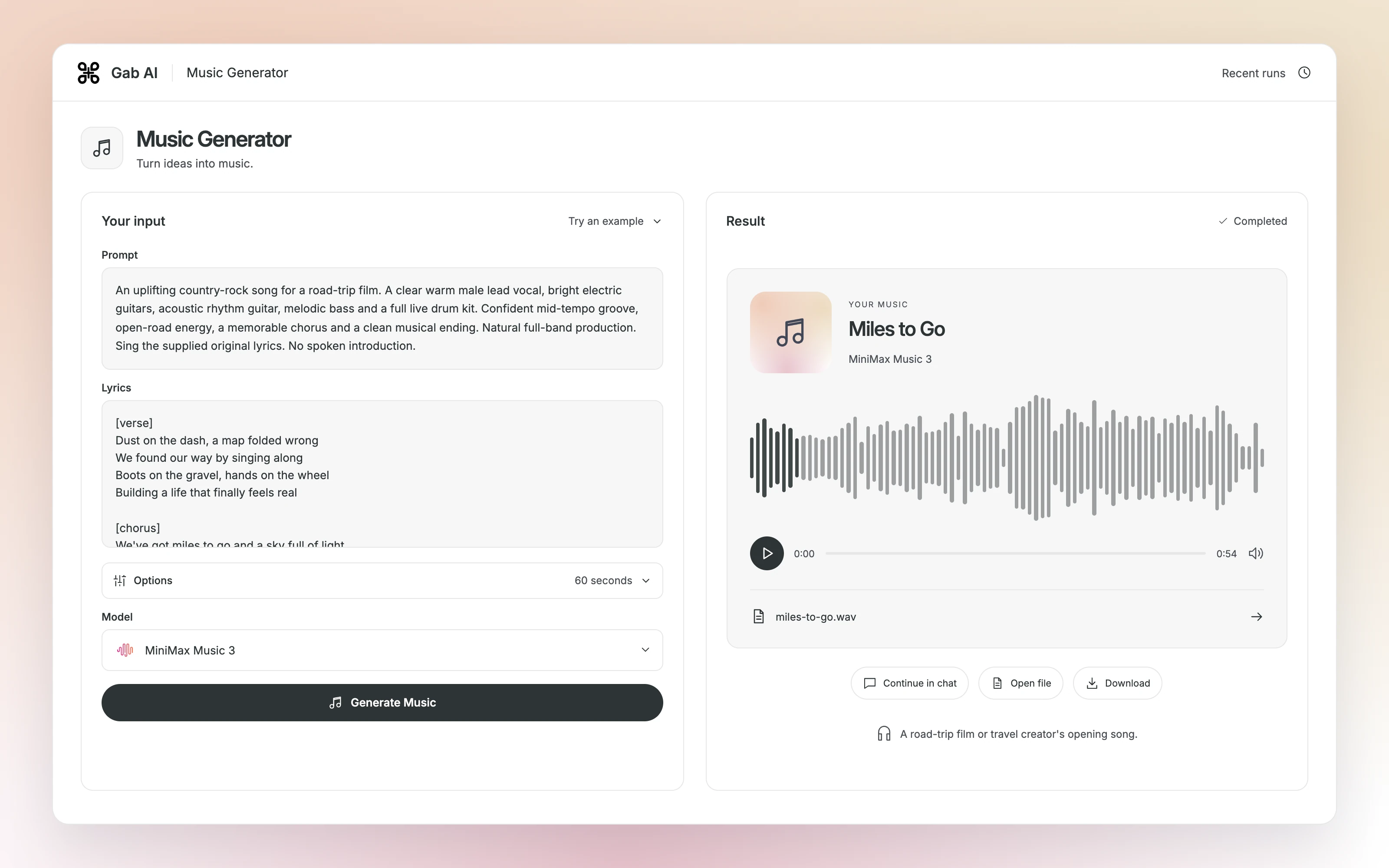 Gab AI Music Generator with the country rock sound brief, original lyrics and a completed MiniMax Music 3 audio result.
