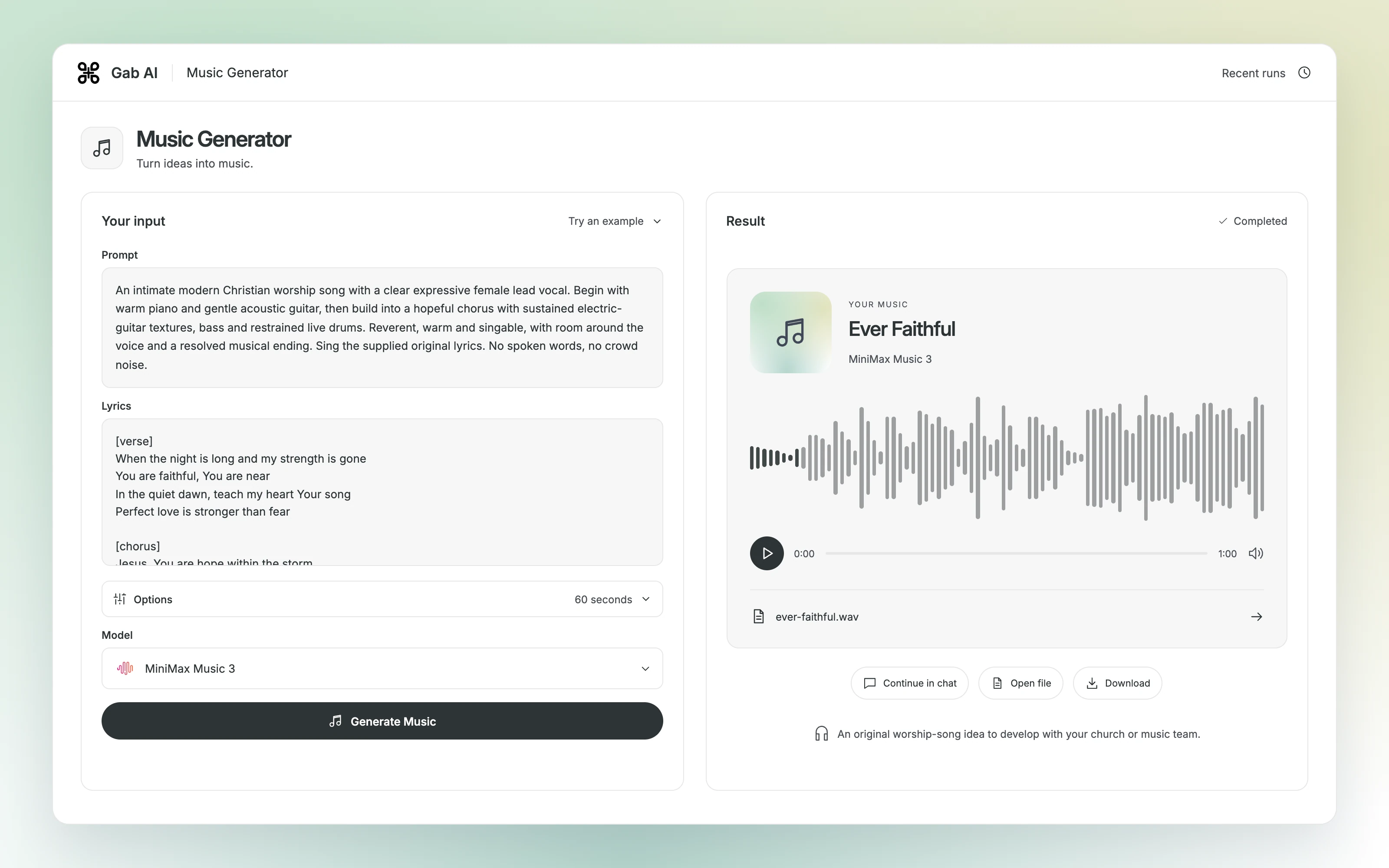 Gab AI Music Generator with the worship sound brief, original lyrics and a completed MiniMax Music 3 audio result.