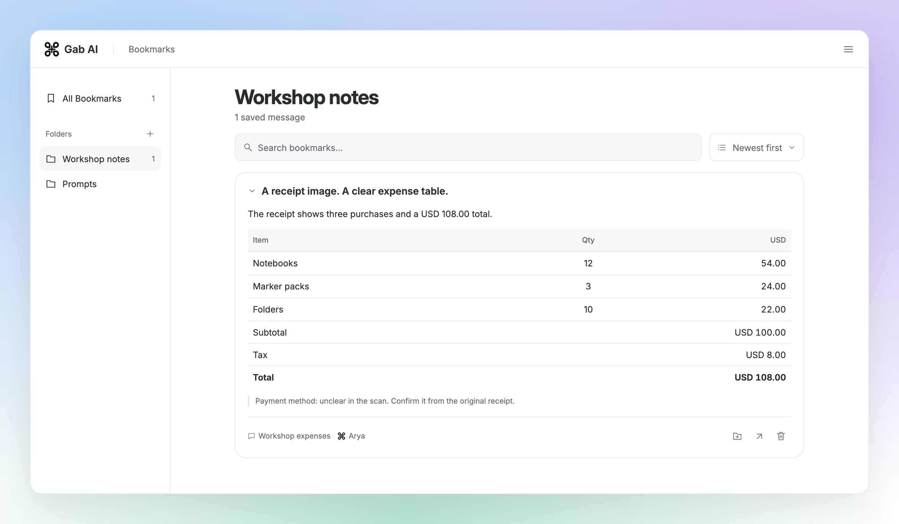 Gab AI Bookmarks shows a saved receipt answer, its source conversation and folder controls.