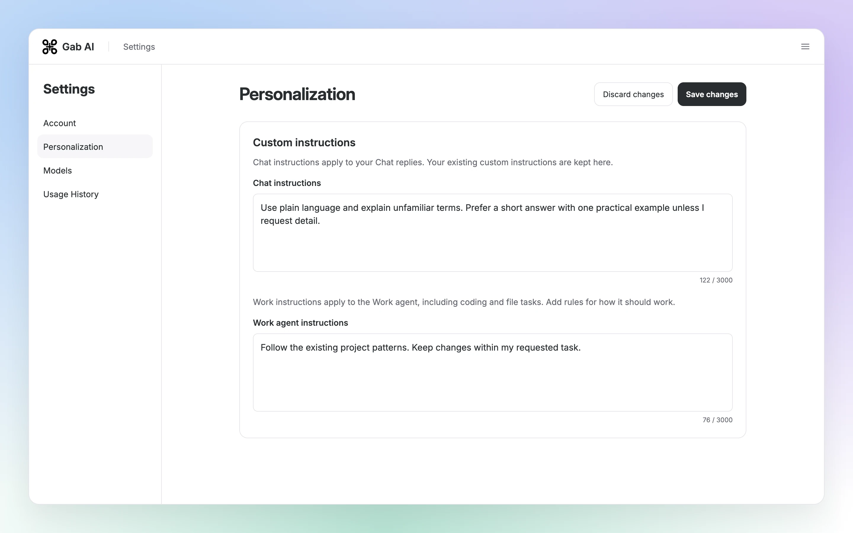 Personalization shows separate Chat instructions and Work agent instructions, their character counts, and Save changes and Discard changes controls.