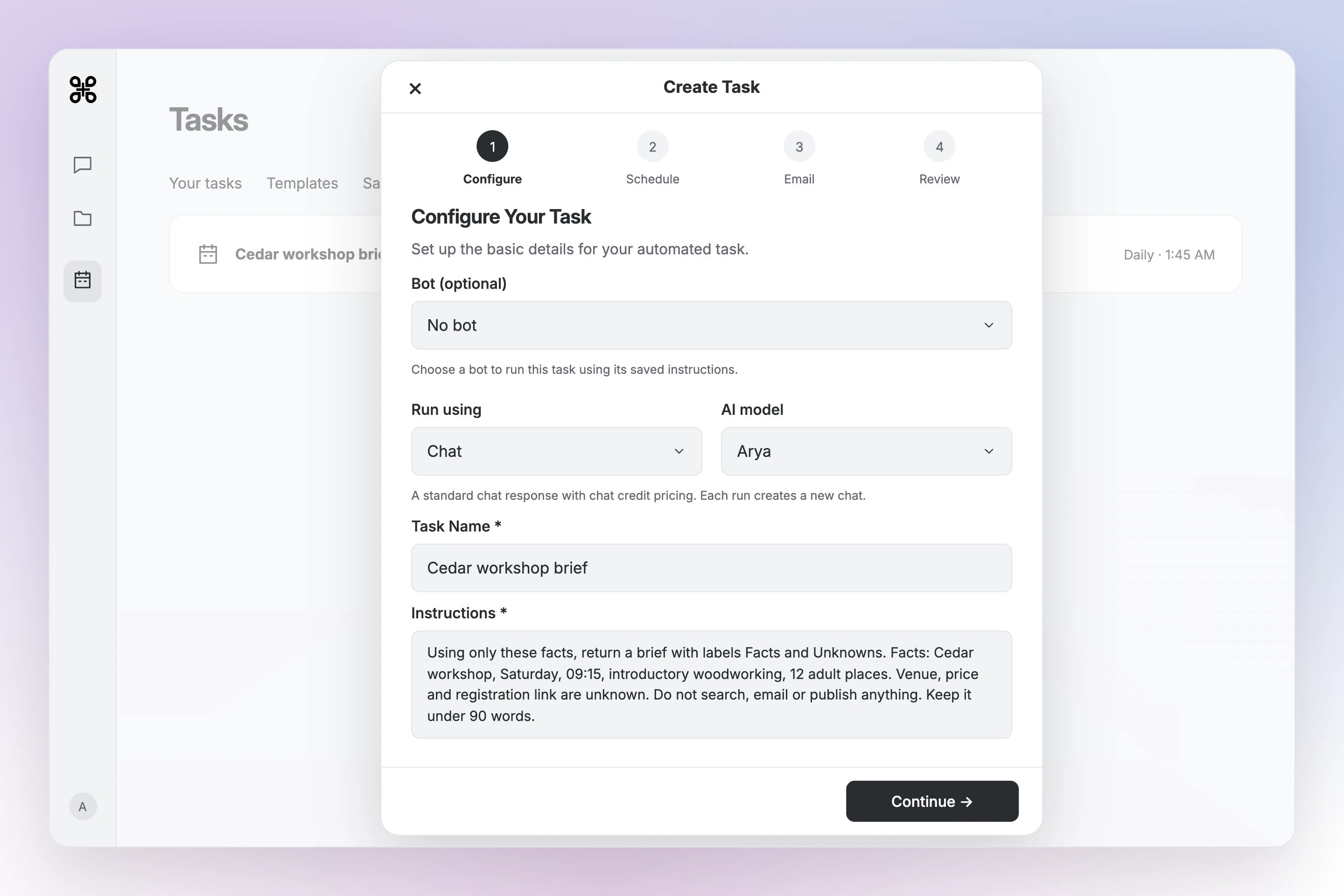 Gab AI Create Task configuration with optional bot set to No bot, Run using Chat, AI model Arya, task name and Cedar workshop instructions.