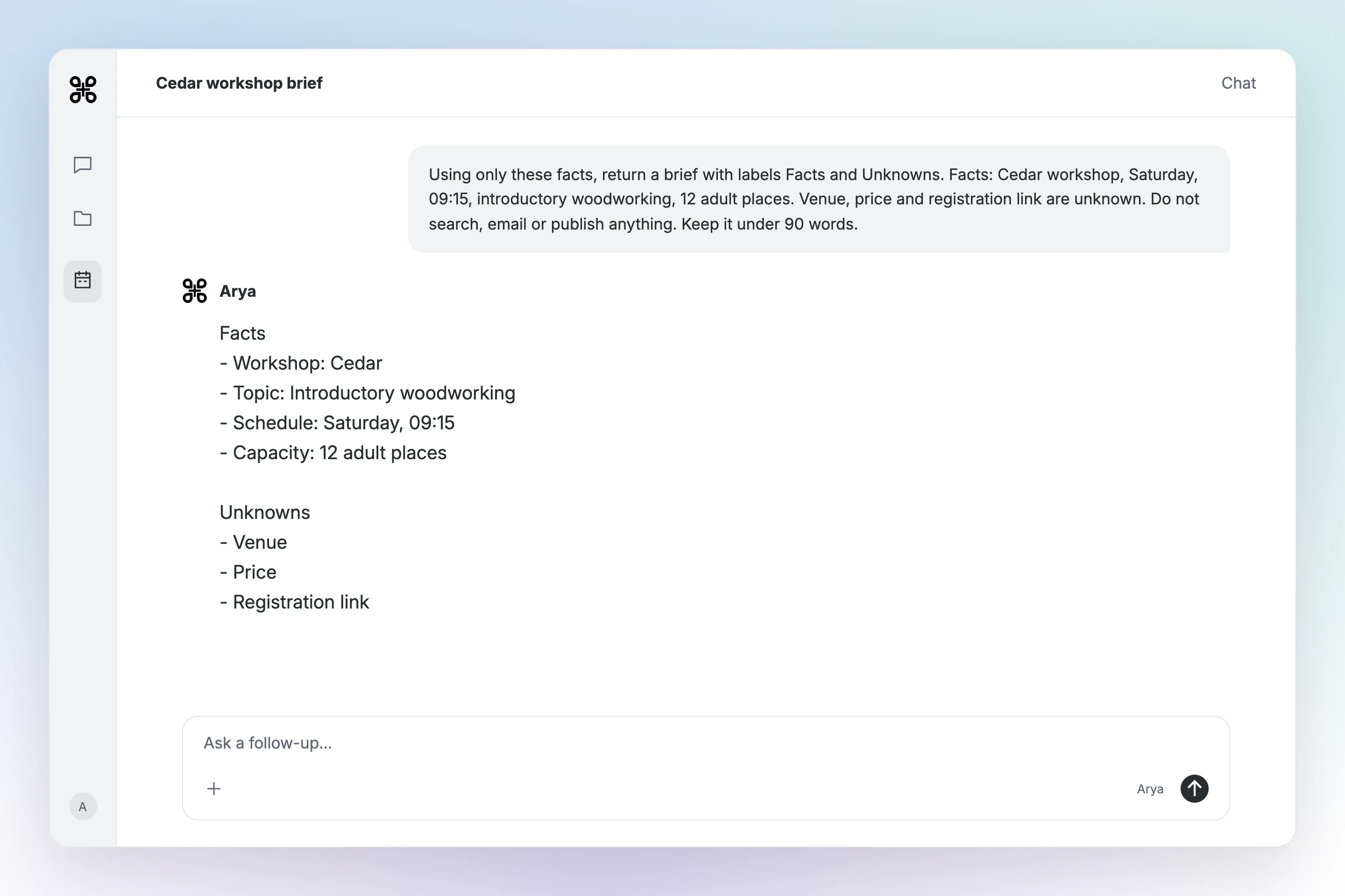 Gab AI Chat result for the scheduled Cedar workshop brief, listing Saturday at 09:15 and 12 adult places, with venue, price and registration link unknown.