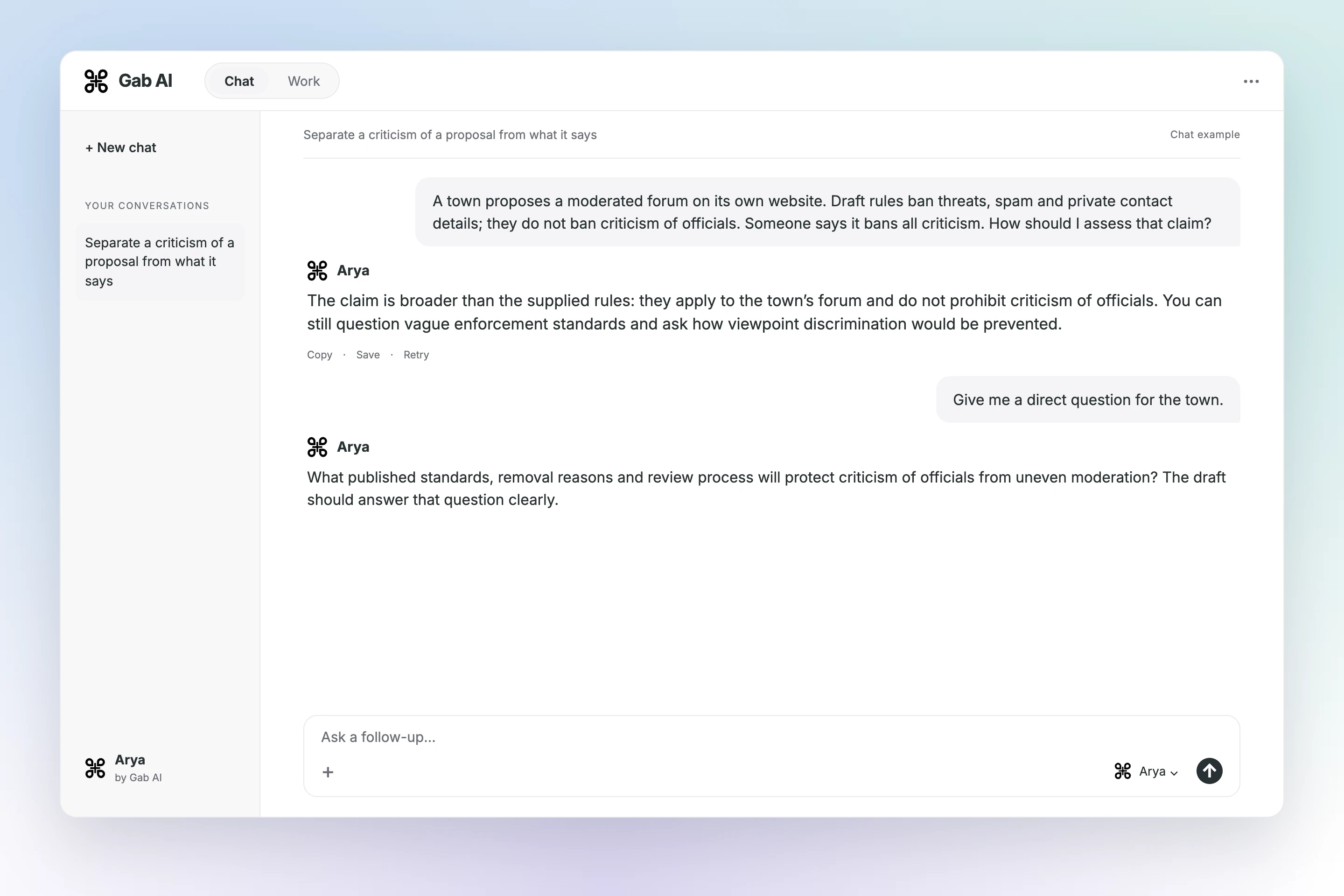 Gab AI Chat conversation and follow-up for free thinkers.