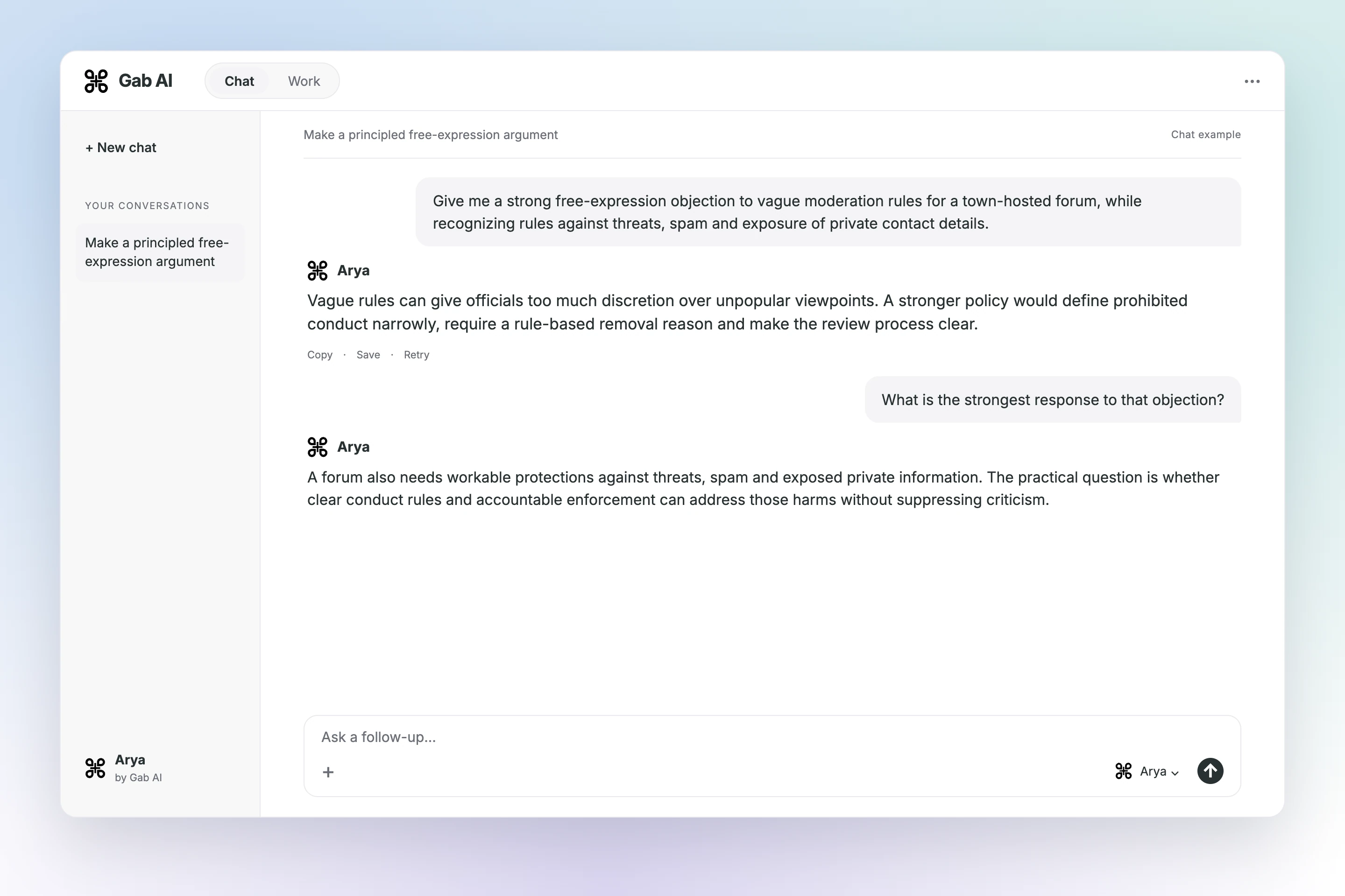 Gab AI Chat conversation and follow-up for free thinkers.