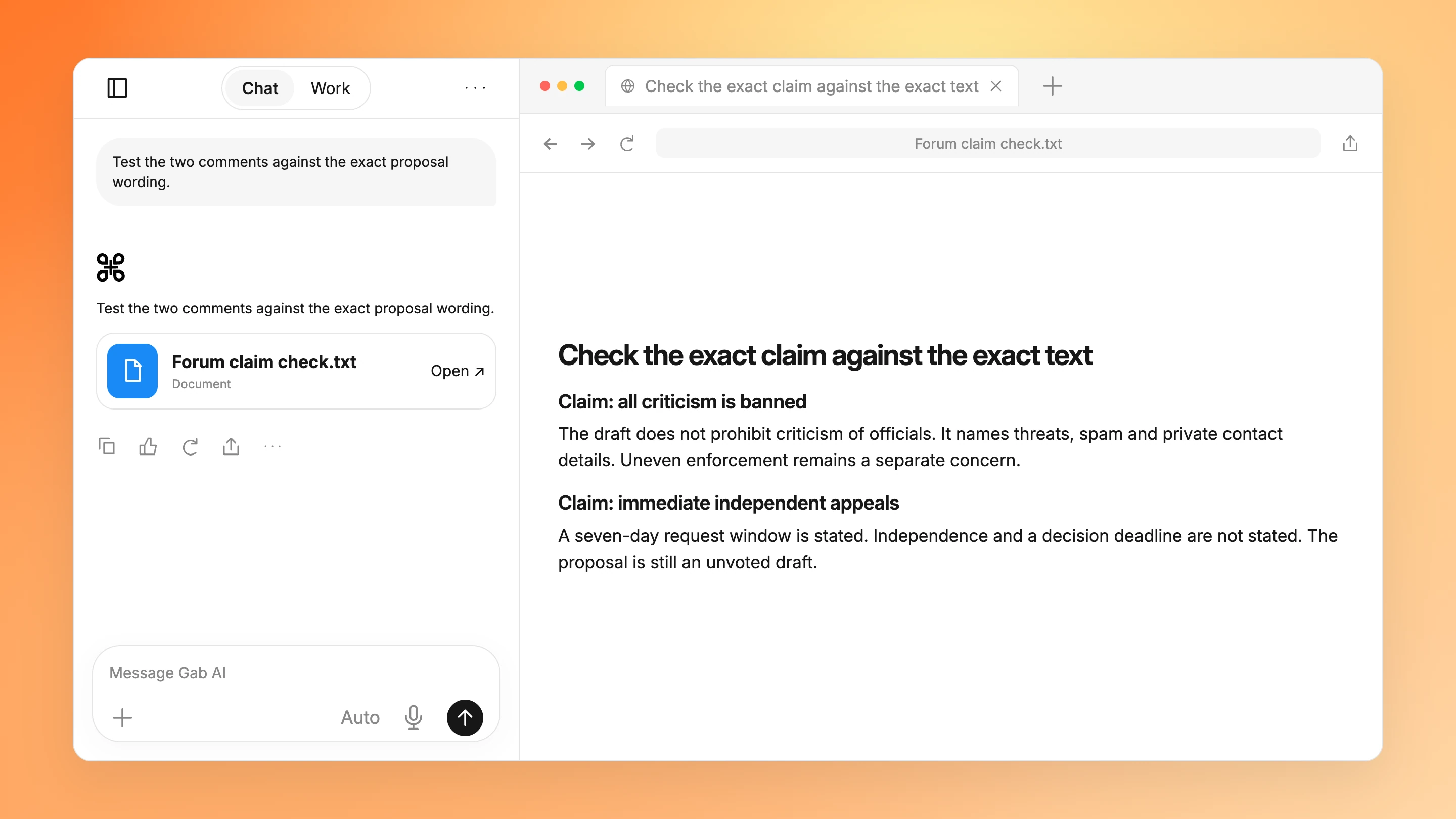 Gab AI Chat: Check two claims with Arya.