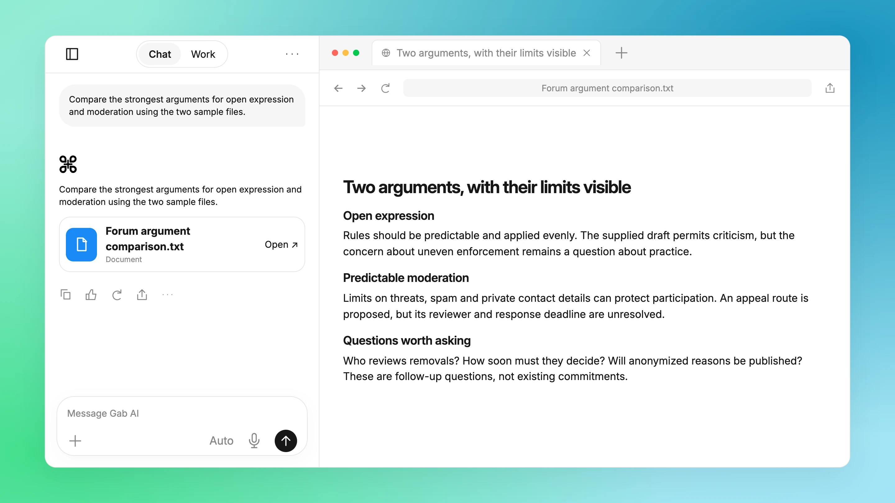 Gab AI Chat: Compare the forum arguments with Arya.