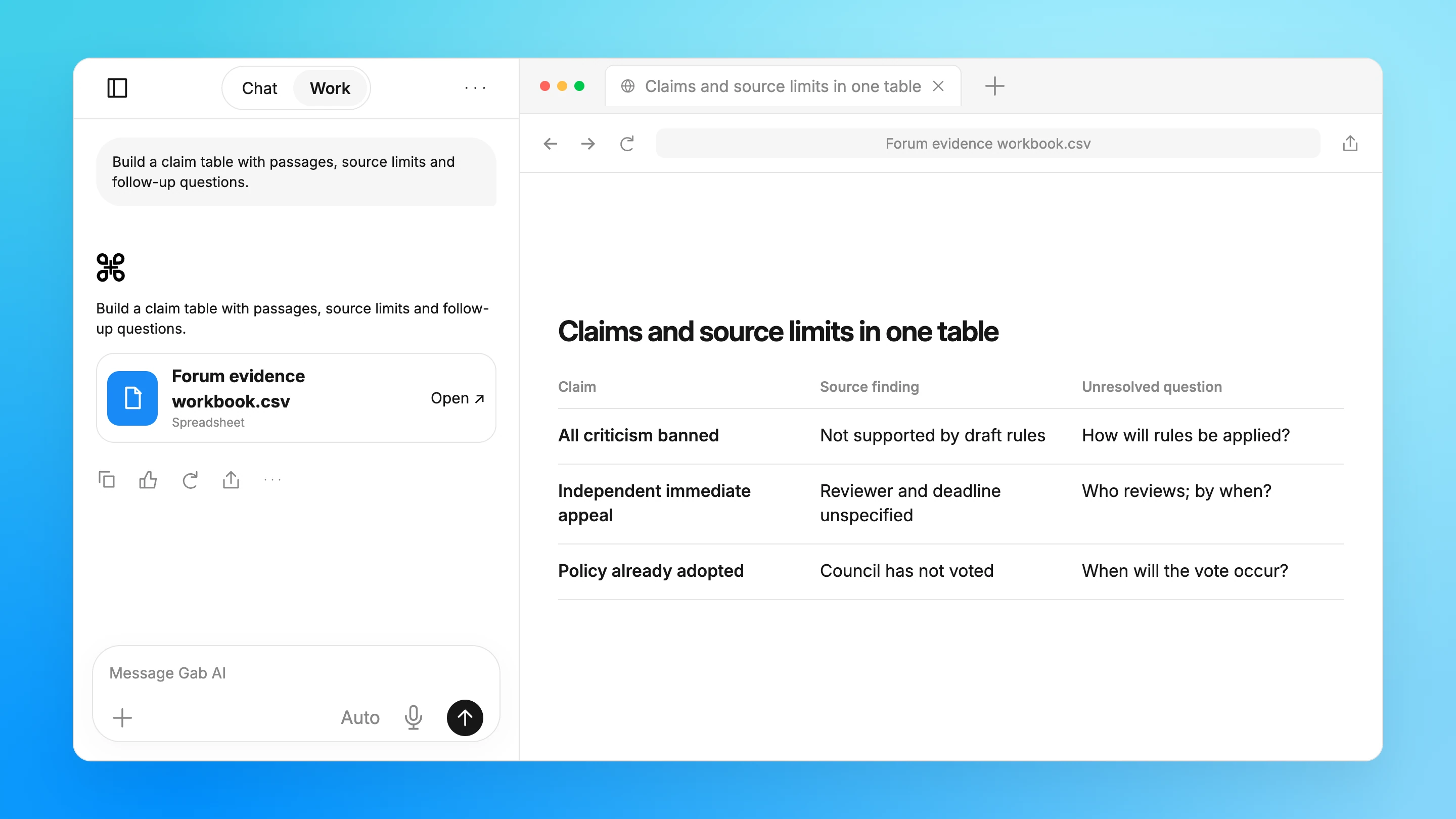 Gab AI Work: Create the forum evidence workbook.