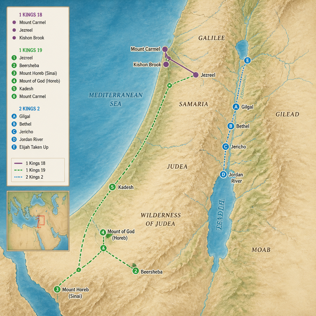 Map of Elijah's journeys across Israel and Judah and his being taken up, keyed to 1 Kings 18, 1 Kings 19, and 2 Kings 2.