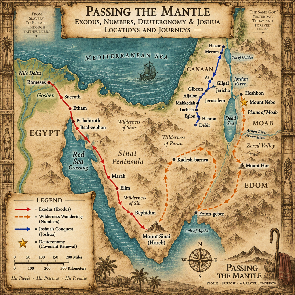 Map titled Exodus, Numbers, Deuteronomy & Joshua Locations and Journeys, charting the exodus from Egypt, the wilderness wanderings, and Joshua's conquest of Canaan.