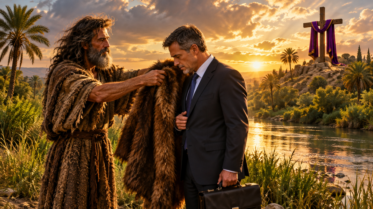 Elijah in the Jordan River Valley passing the mantle of leadership to a modern business leader, with a cross standing in the background